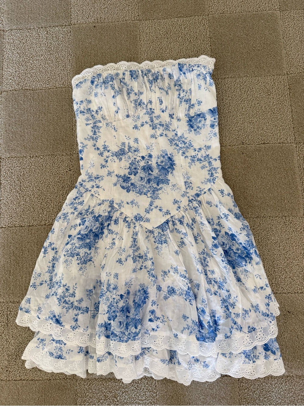Strapless White Dress with Blue Floral Print